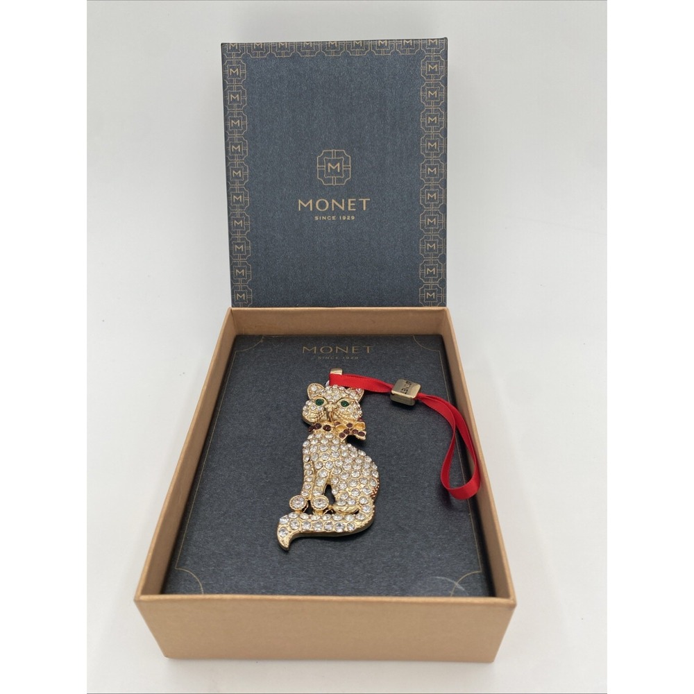 Monet Cat Ornament 2021 Rhinestone Gold Tone Kitty Christmas Boxed EUC